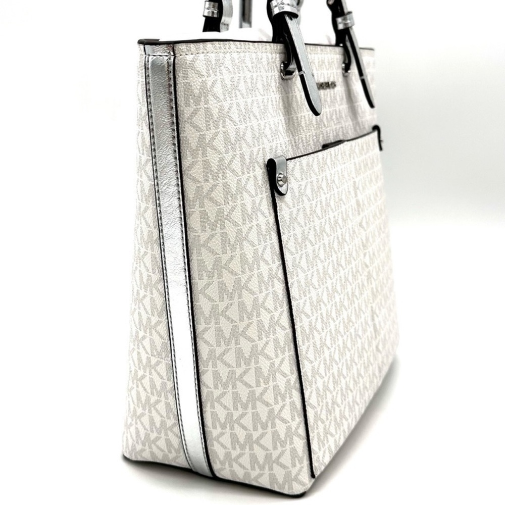 Michael Kors Jet Set Medium Logo Pocket Tote Bag Vanilla/Grey - Picture 4 of 13